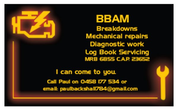 The BBAM Mechanical business card listing breakdowns, mechanical repairs, diagnostic work and log book servicing